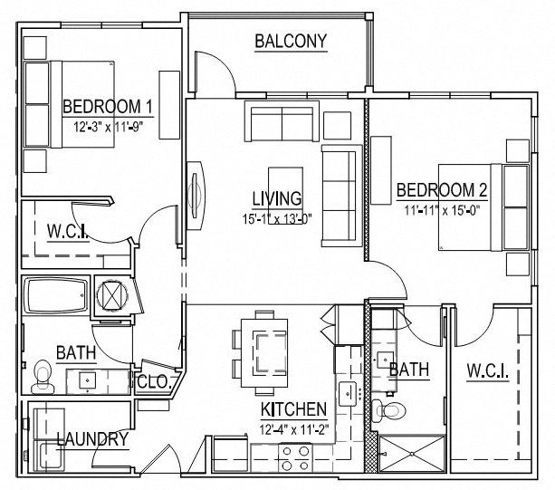 Floor plan for 2 beds, 2 baths, 1236 sqft